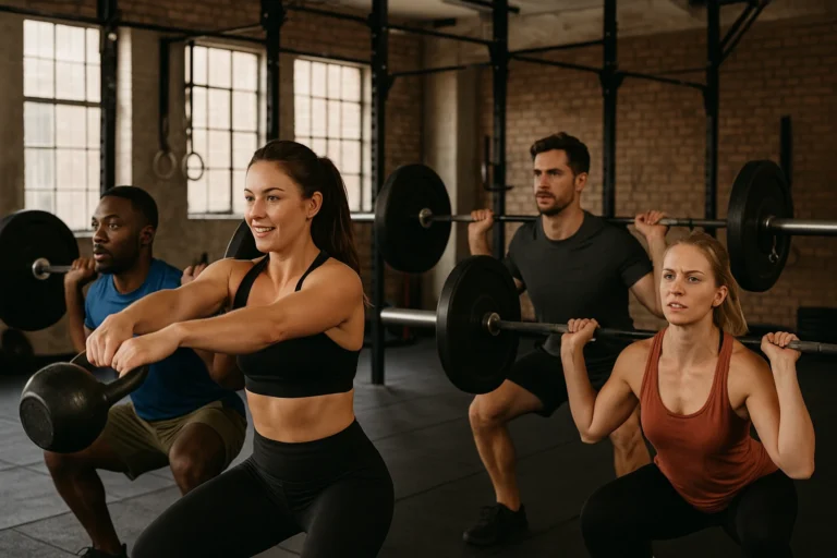 Athlètes homme et femme s’entraînant dans une box CrossFit industrielle, lumière naturelle, mouvements de squats et kettlebell swing, ambiance motivante