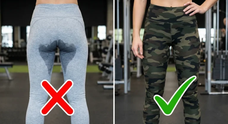 Comparaison transpiration sport : traces visibles sur un legging gris vs legging camouflage anti-auréoles invisible